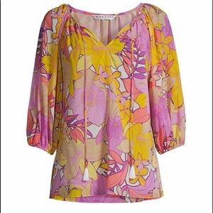 Trina Turk Abree Pink/Purple/Yellow Floral Printed Long Sleeve Silk Top Size M